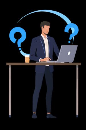 SEO nedir? Başının üzerinde soru işareti olan bir adam dizüstü bilgisayarın yanında duruyor